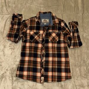 Legendary Plaid Flannel Button-Up Shirt - Navy, Orange, Cream size M